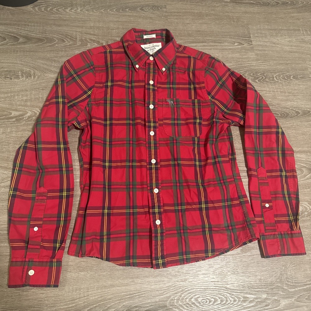 VTG Abercrombie Shirt Mens M Tartan Plaid Muscle Fit Button Down Moose Logo Y2K